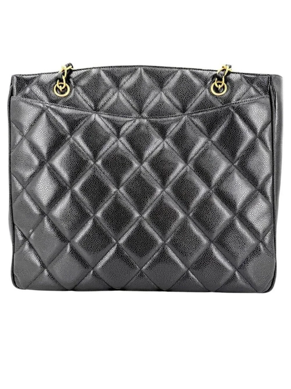 Chanel Big Handbag Quilted CC Logo Chain Tote Shoulder Caviar Leather Black Gold